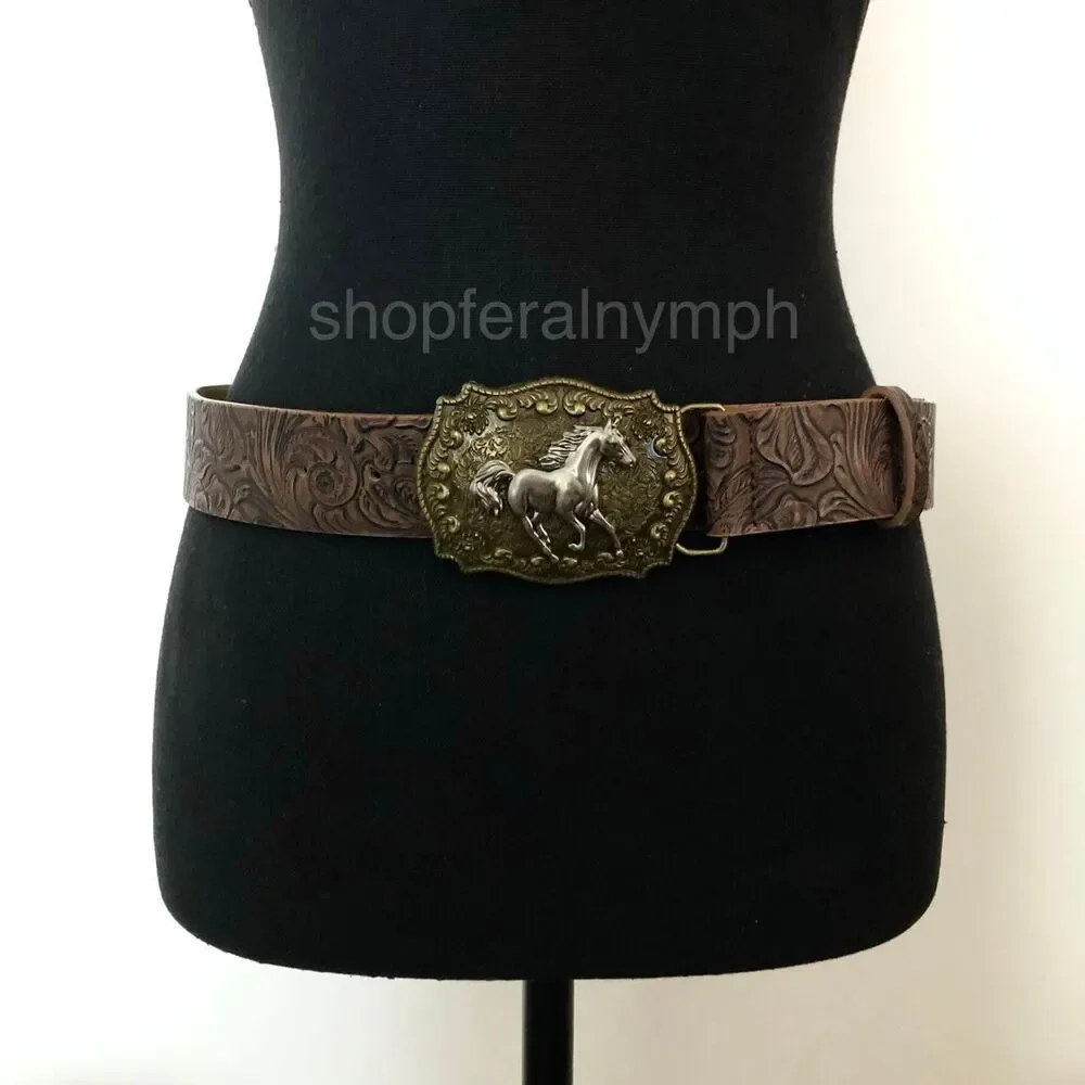 Vintage Ornate Western Brown Faux Leather Belt, Fits 28.5–39 Inches, X7GA1213